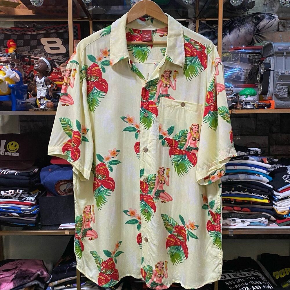 Junction West Hula Girl Pin Up Hawaiian Shirt All Over Print Yellow XL